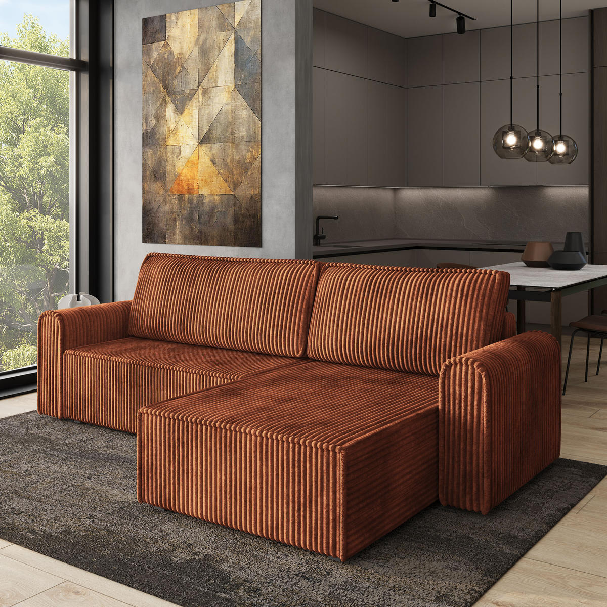 ECKSOFA VALTINO Braun Kordstoff mit Schlaffunktion - Braun, Holz (275/148cm) - MASSENO
