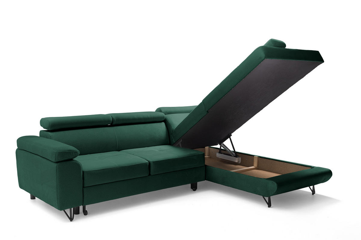 ECKSOFA JUNIOR L Rechts mit Schlaffunktion 194x128 Velours Dunkelgrün - Dunkelgrün/Schwarz, Holz/Textil (184/249cm) - Muffo