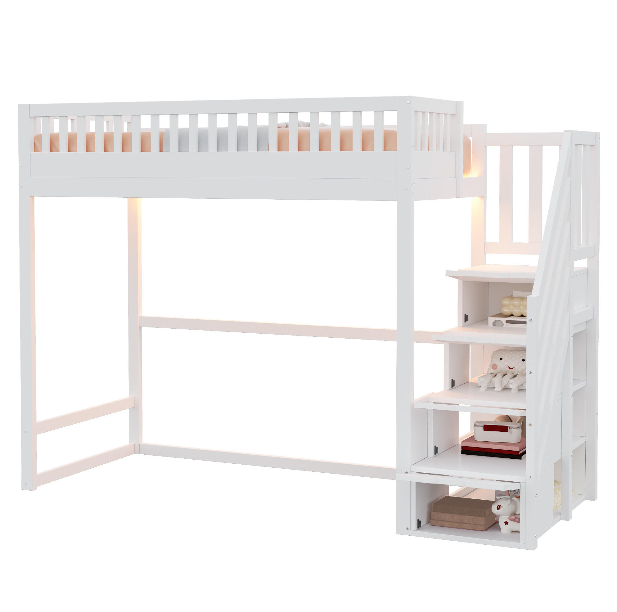 HOCHBETT 90/200 cm weiß aus Holz mit Stauraumtreppe und LED - Weiß, Holzwerkstoff (90/200cm) - OKWISH