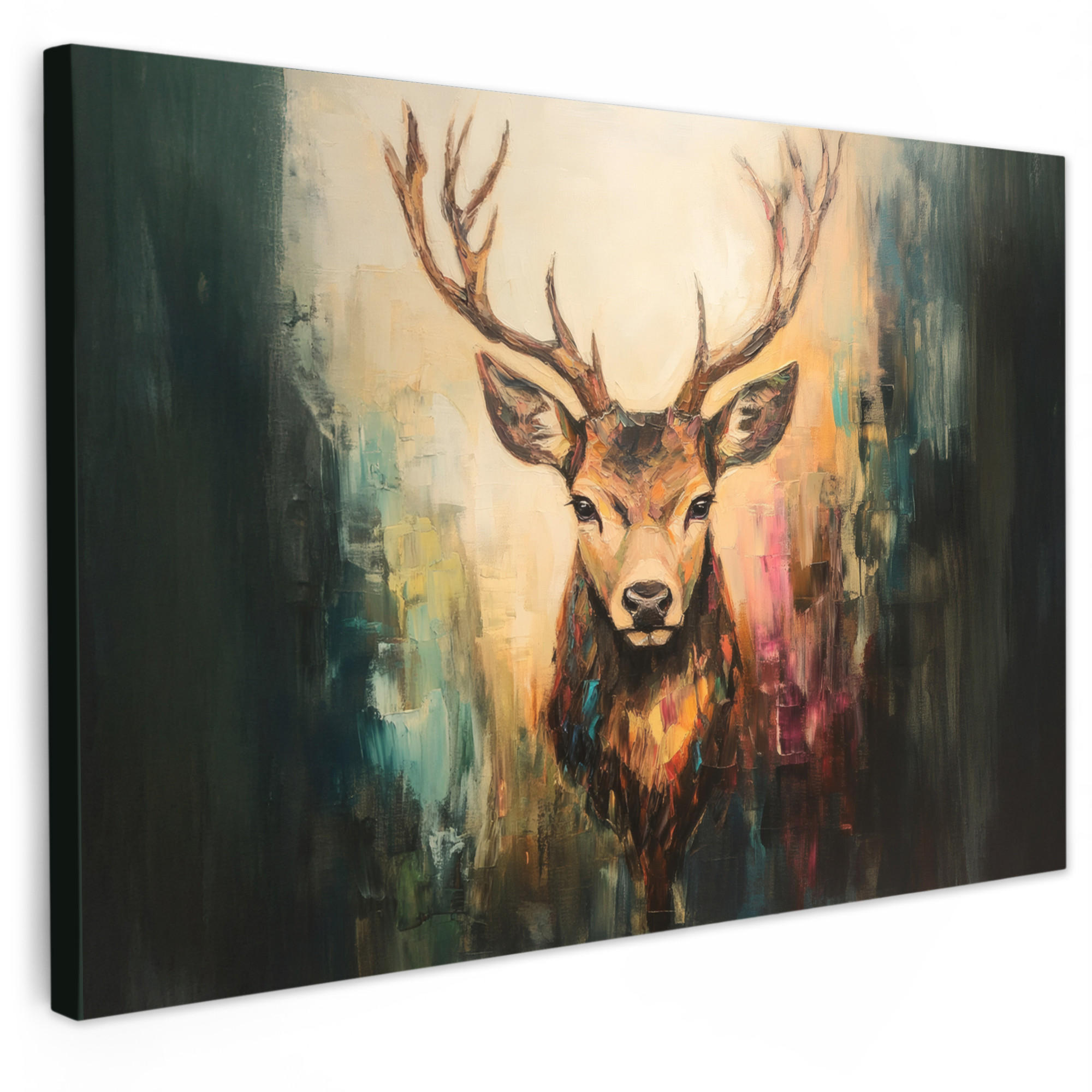 MuchoWow OBRAZ NA PLÁTNĚ Jelen - malovaný - paroží - hnědé 90x60 cm