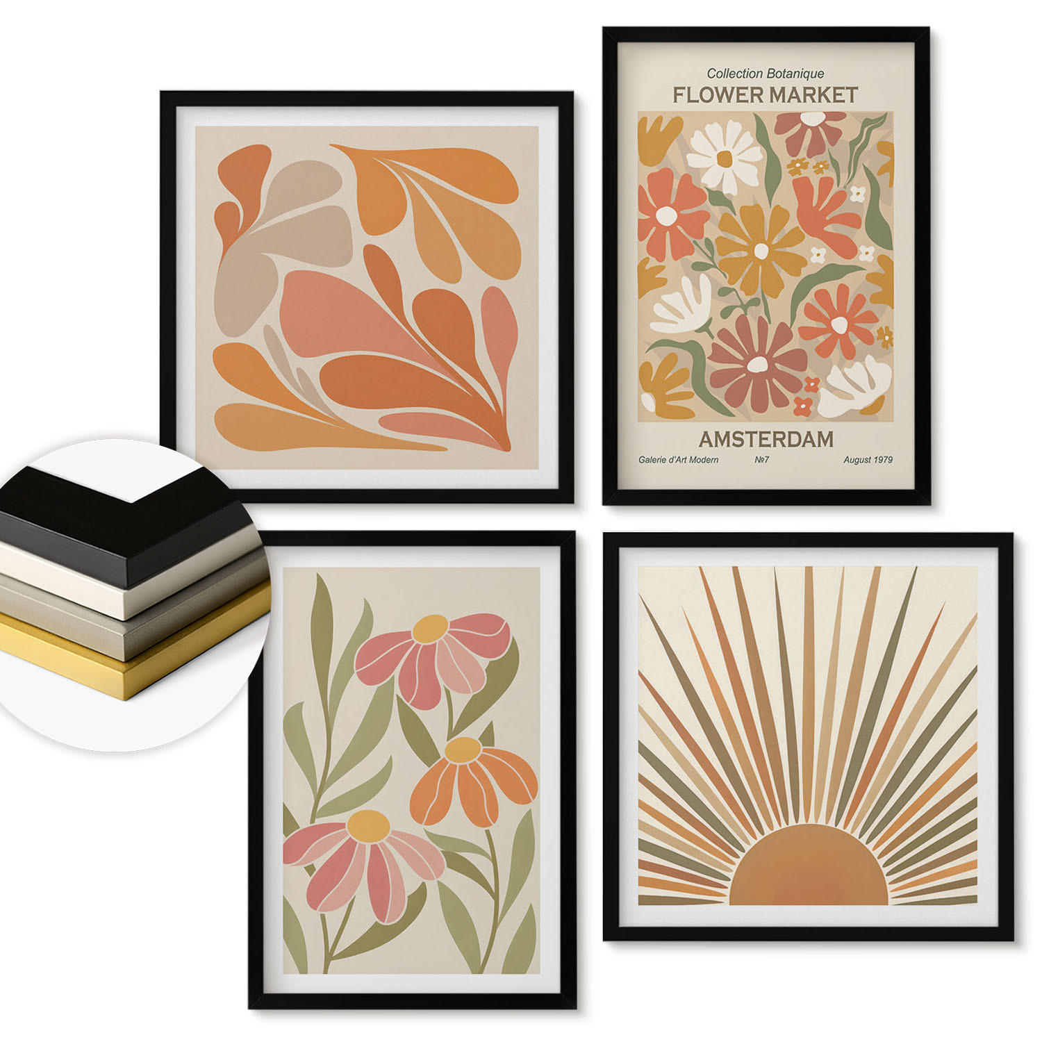 WANDBILDER 4er-Set - 50x50 cm & 40x60 cm Schwarzer Rahmen - Pastellfarbene Sonnenblumen - Schwarz, Kunststoff (50/50cm) - ArtPrintCave