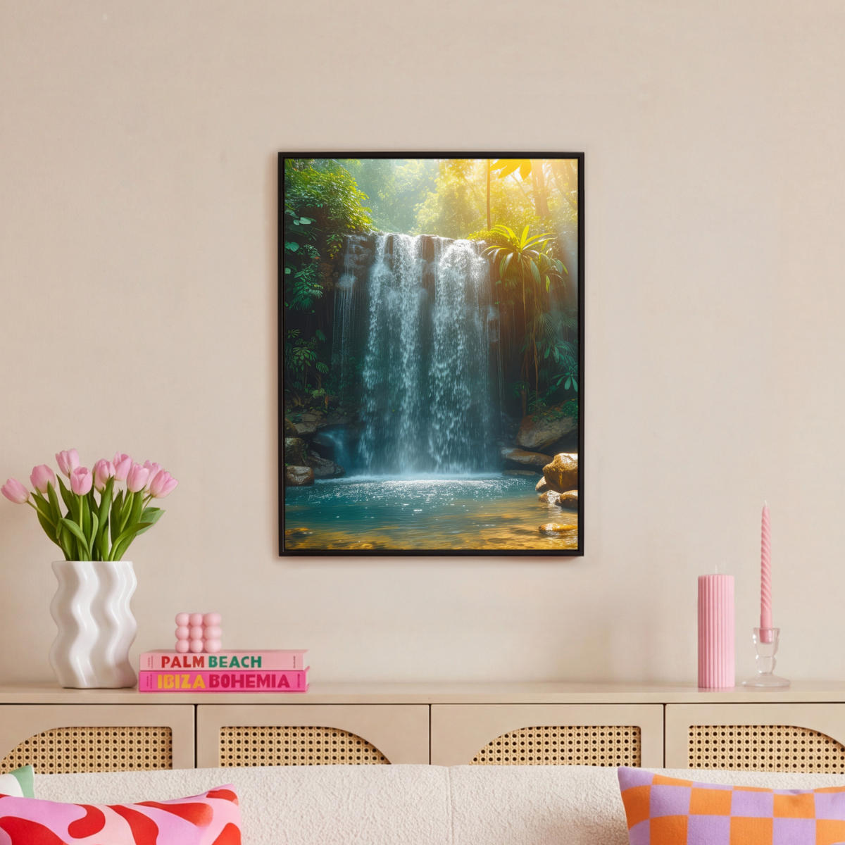 LEINWAND Bilder mit Rahmen - Wasserfall - Dschungel - Sonne - Grün - Natur - 50x70 - Grün, Textil (50/70cm) - MuchoWow