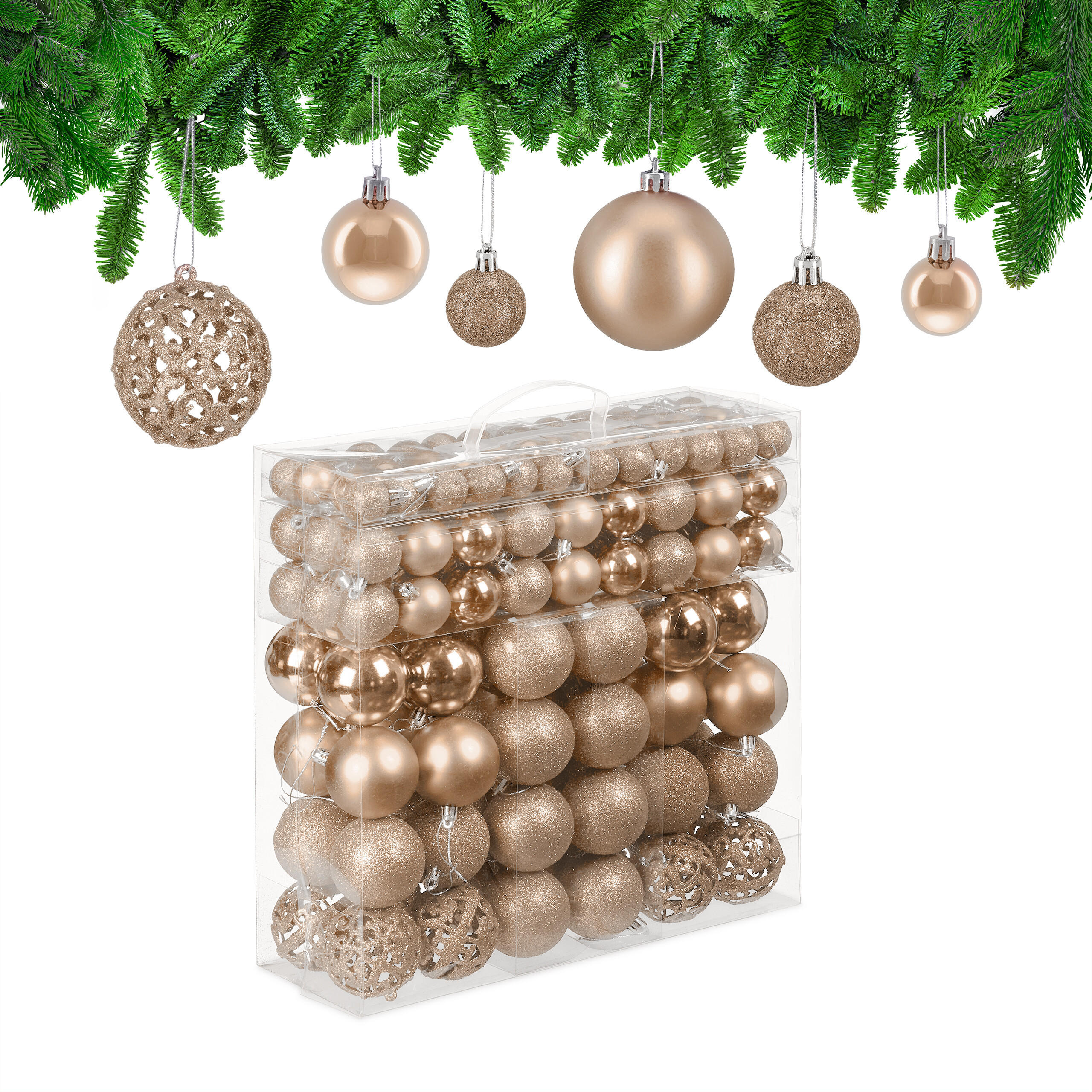 150-TLG.WEIHNACHTSKUGELN-SET - Beige, Kunststoff (6/7/6cm) - Relaxdays