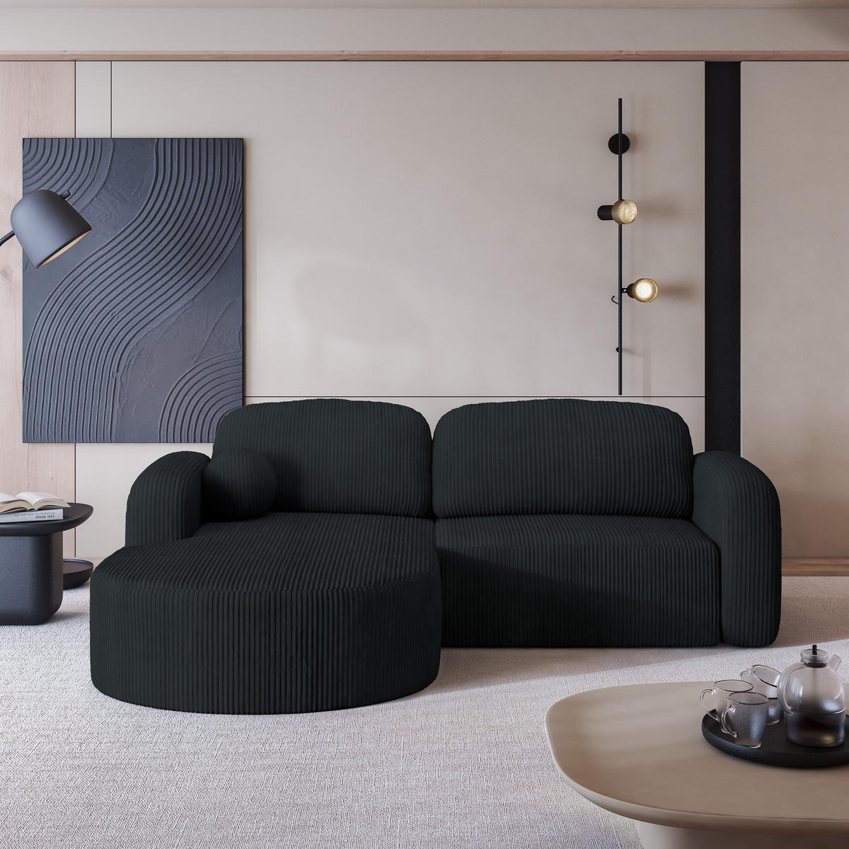 ECKSOFA AMILIA P L-S Schwarz Kordstoff mit Schlaffunktion - Schwarz, Holz (263/174cm) - MASSENO