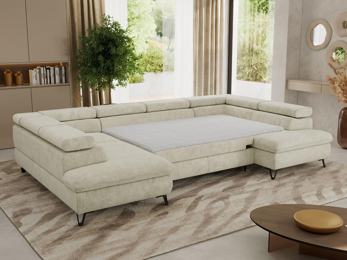 WOHNLANDSCHAFT PABLO U Schenille grob gewebt Creme mit Topper T25 - Creme/Schwarz, Textil/Metall (346/76/208cm) - MKS