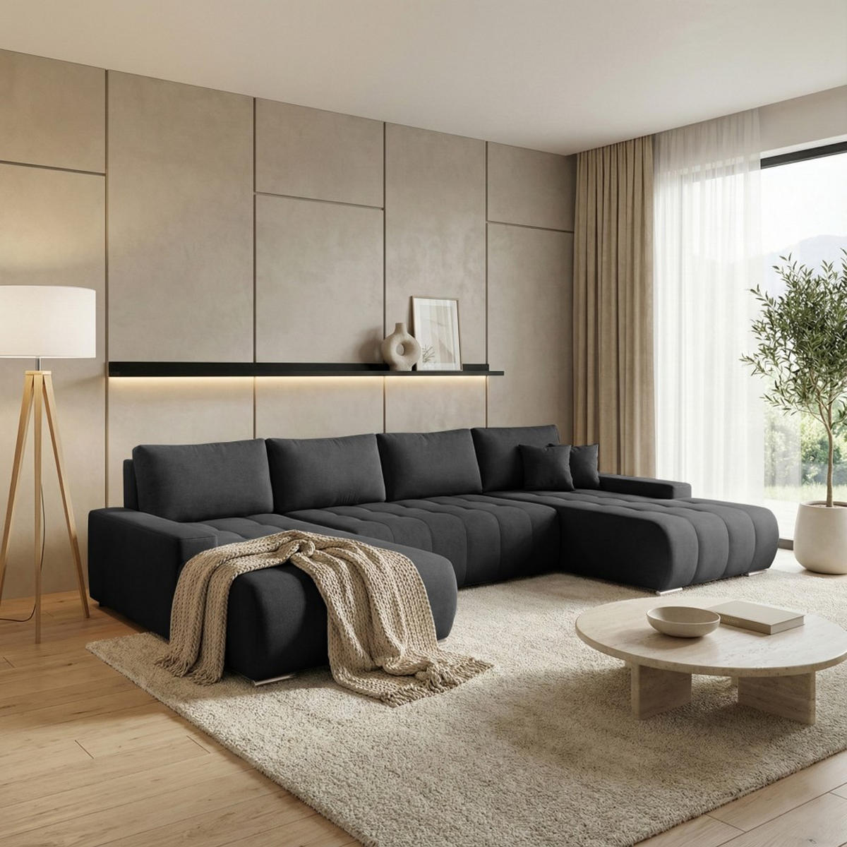 WOHNLANDSCHAFT Draco U schwarz - Chromfarben/Schwarz, Textil/Metall (350/85/185cm) - Beautysofa