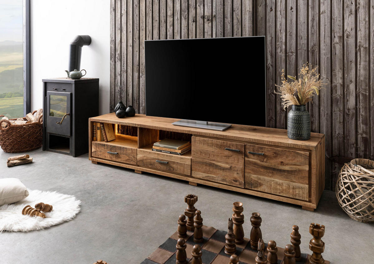 TV-BOARD Akazie 220x40x47 natur lackiert BARK #110 - Naturfarben, Holz (220/47/40cm) - Massivmoebel24