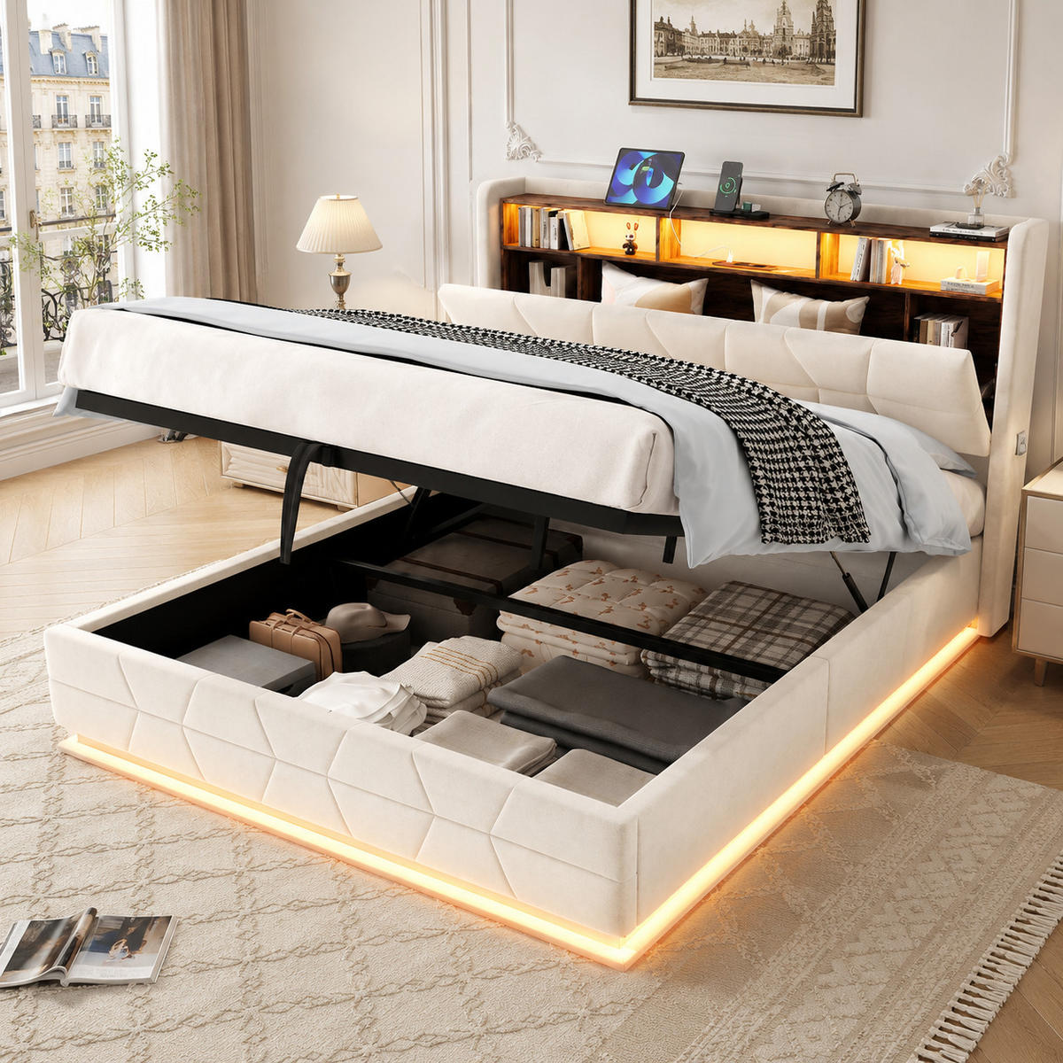POLSTERBETT 140/200 cm in Beige mit Regal, Seitentaschen, LED und USB/Type-C Samt - Beige, Holzwerkstoff/Textil (140/200cm) - STILVORA