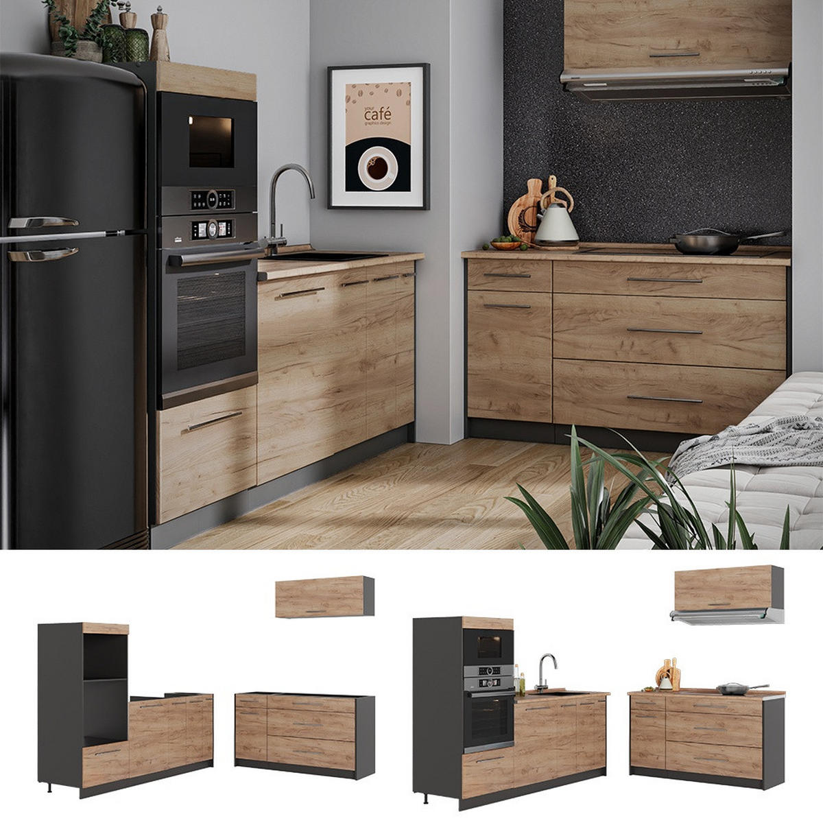 KÜCHENZEILE Fame-Line, Goldkraft Eiche/Anthrazit, 340 cm, AP Anthrazit - Honigeiche/Anthrazit, Holzwerkstoff (340/153.6/60cm) - Vicco