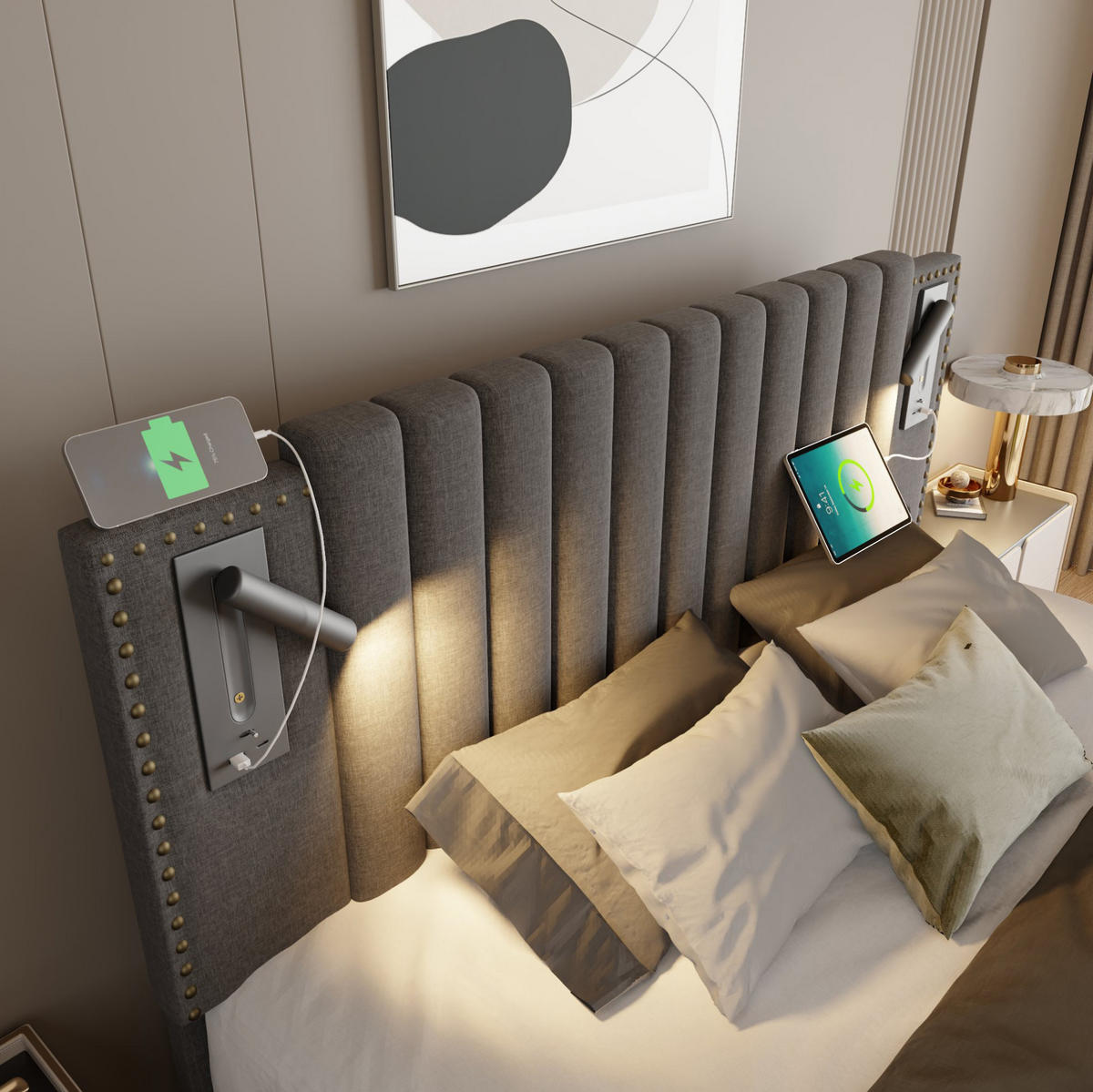 POLSTERBETT mit Bettkasten 140x200 cm Grau mit USB und Leselicht - Grau, Metall (140/200cm) - Meubliv