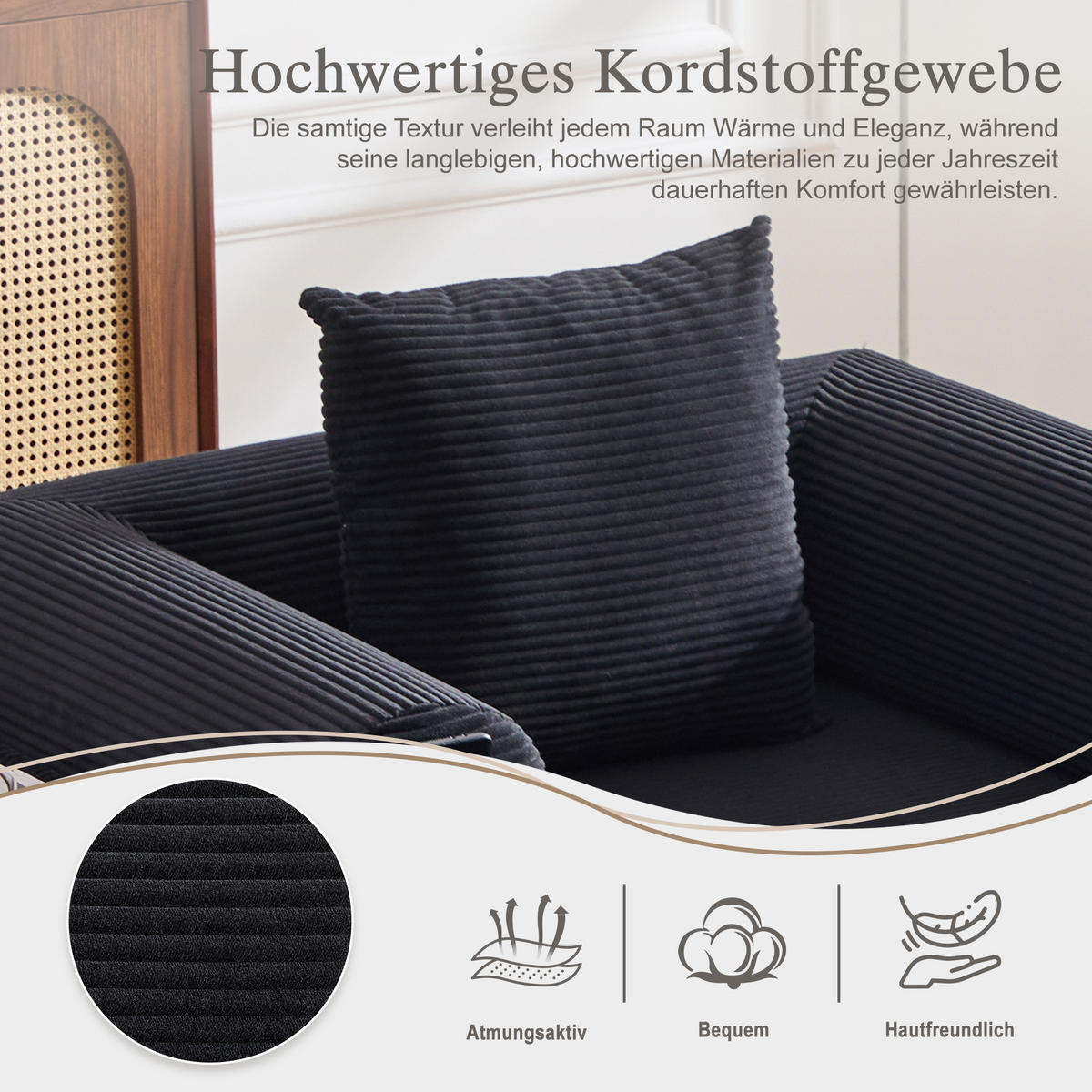 SOFA Cord Schwarz mit Kissen und Hocker - Schwarz, Textil/Metall (112/67/190cm) - WISHDOR
