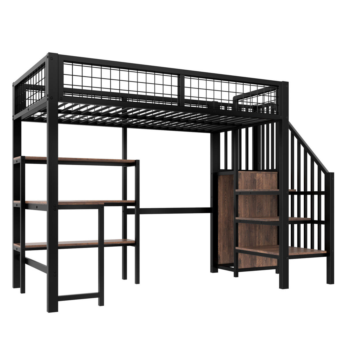 HOCHBETT aus Metall und MDF 90x200 cm Schwarz/Braun mit Schreibtisch, Regalen und Kleiderschrank - Schwarz, Holzwerkstoff (90/200cm) - IVMEU