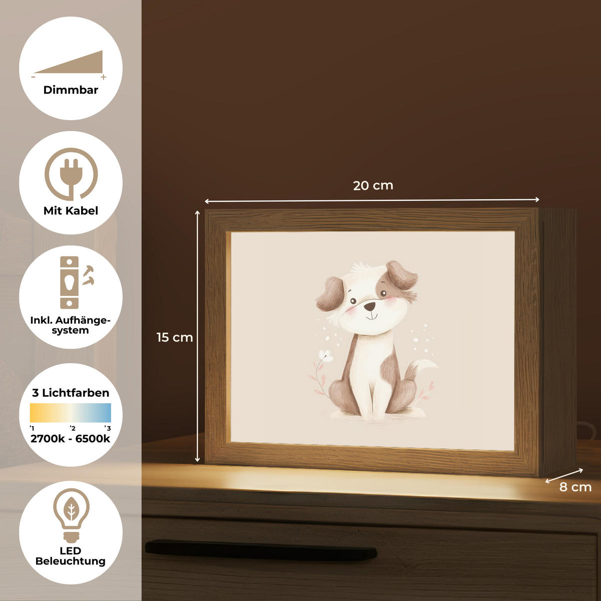 NACHTTISCHLAMPE Hund - Gefleckt - Braun 20x15 cm - Beige, Holzwerkstoff (8/20/15cm)