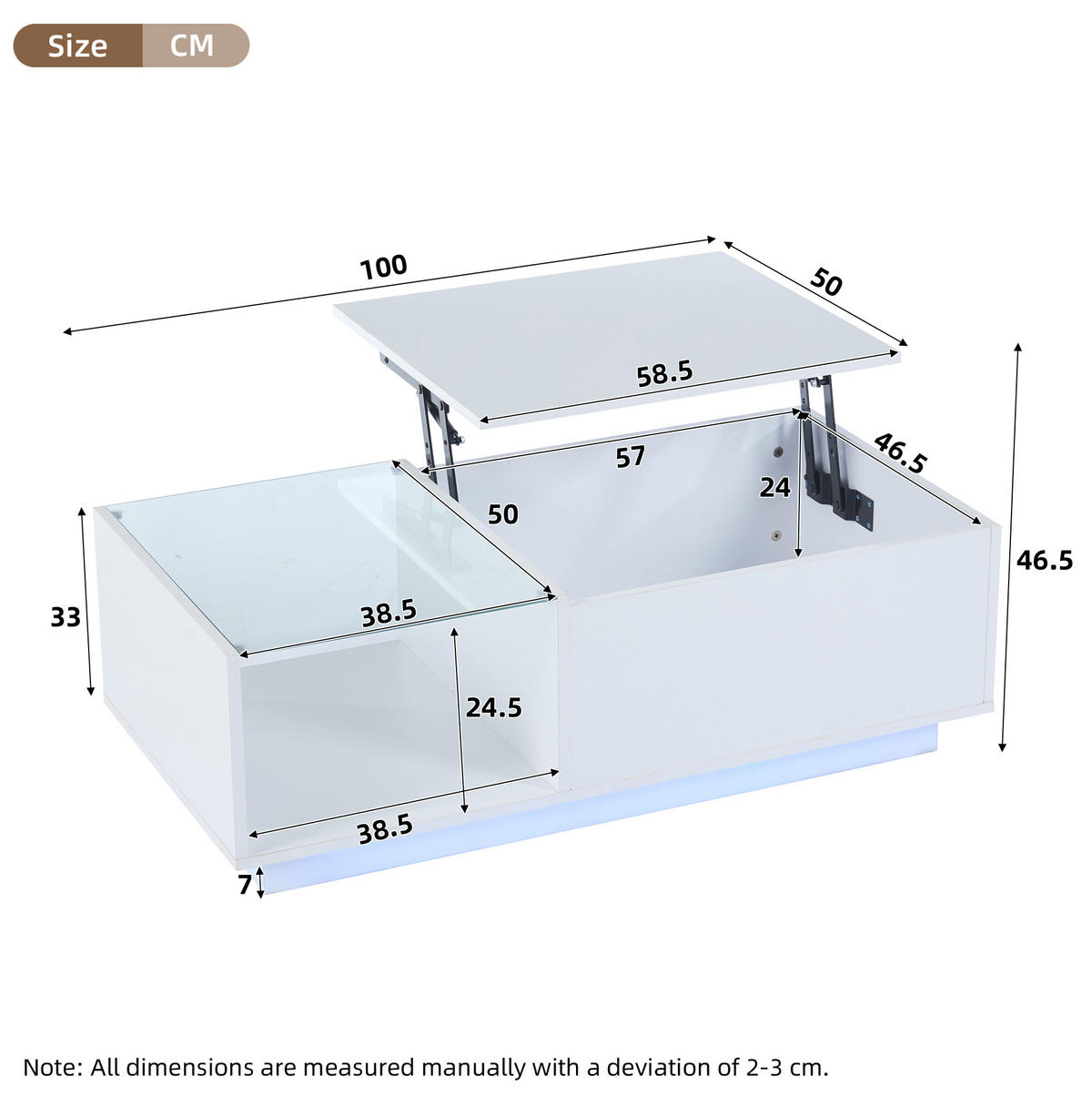 COUCHTISCH 100/50/33 cm weiß aus Spanplatte mit LED-Beleuchtung und höhenverstellbarer Platte - Weiß, Holzwerkstoff (100/50/33cm) - OKMYHOME