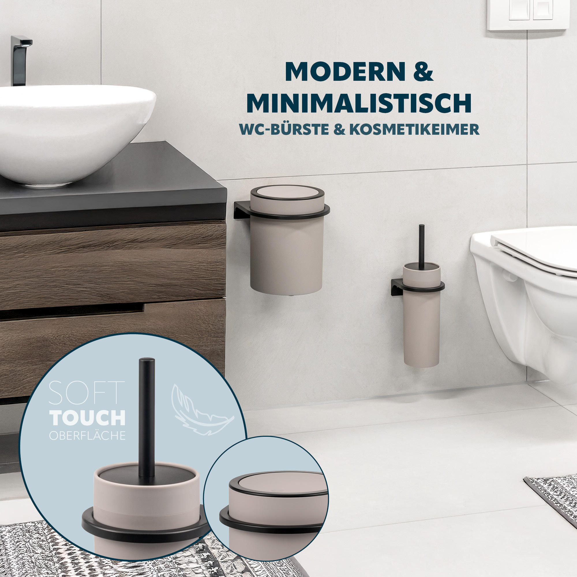 WC-GARNITUR 2-TLG. Bürste u. Eimer SAVONA Softtouch inkl. Wandhalterung, rund - taupe - Taupe, Kunststoff (19/24.5/19cm) - bremermann