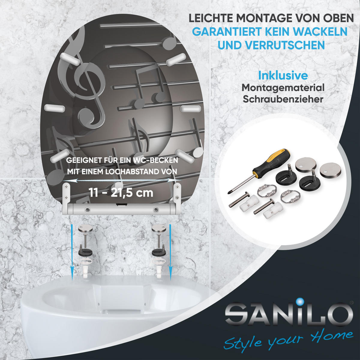 WC-SITZ Absenkautomatik Musical Notes - Grau, Holzwerkstoff (37.7/5.5/48cm) - Sanilo