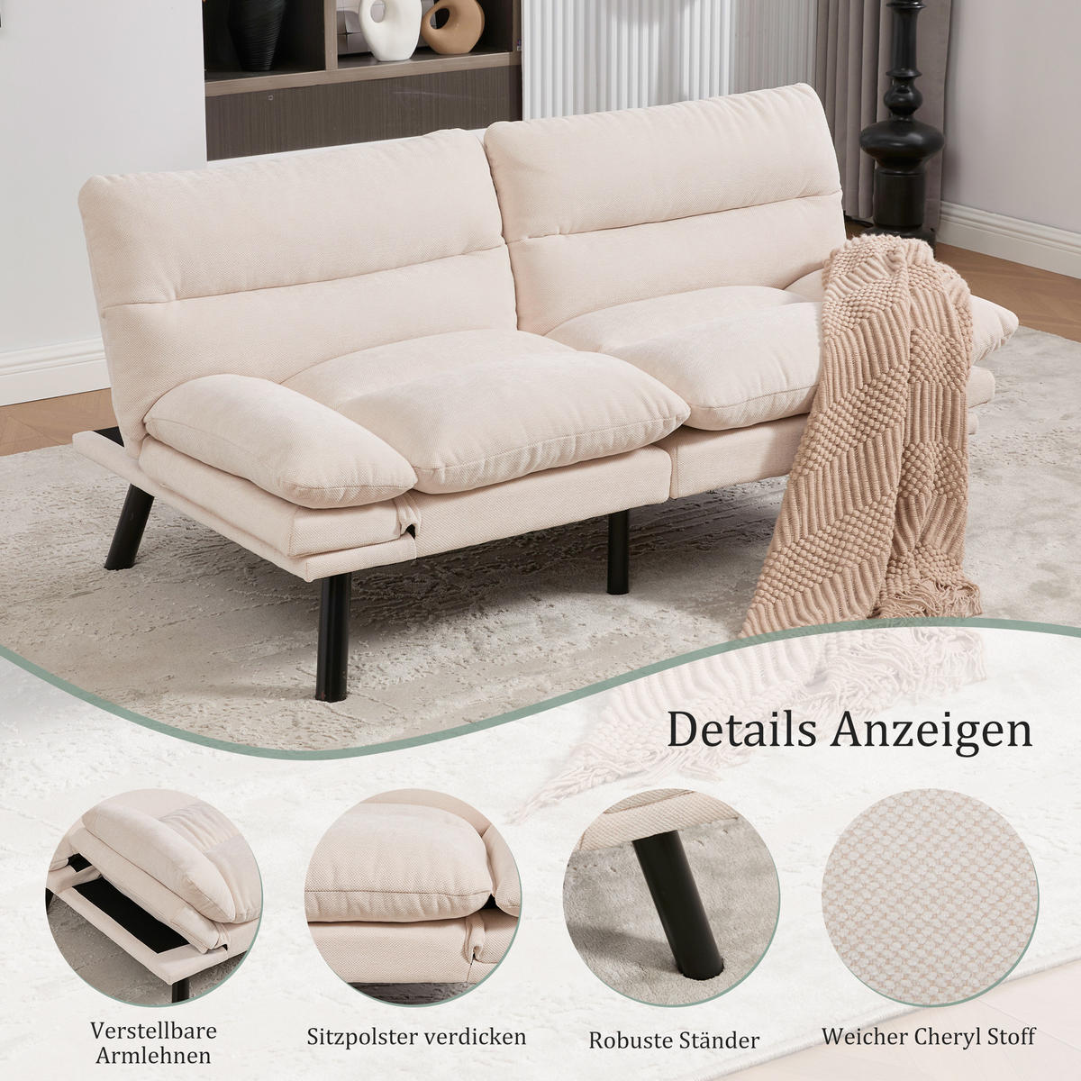 2-SITZER Schlafsofa Chenille mit verstellbarer Rückenlehne Beige 165/90/76 cm - Beige, Textil (90/76/165cm) - Redom
