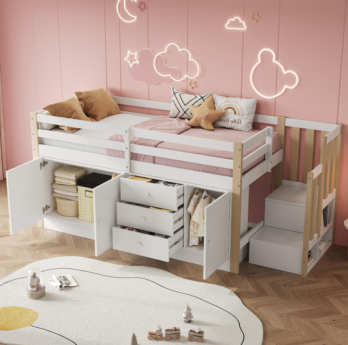 HOCHBETT 90/200 cm Weiß aus MDF mit Treppe und Stauraum - Weiß, Holzwerkstoff (90/200cm) - OKMYHOME