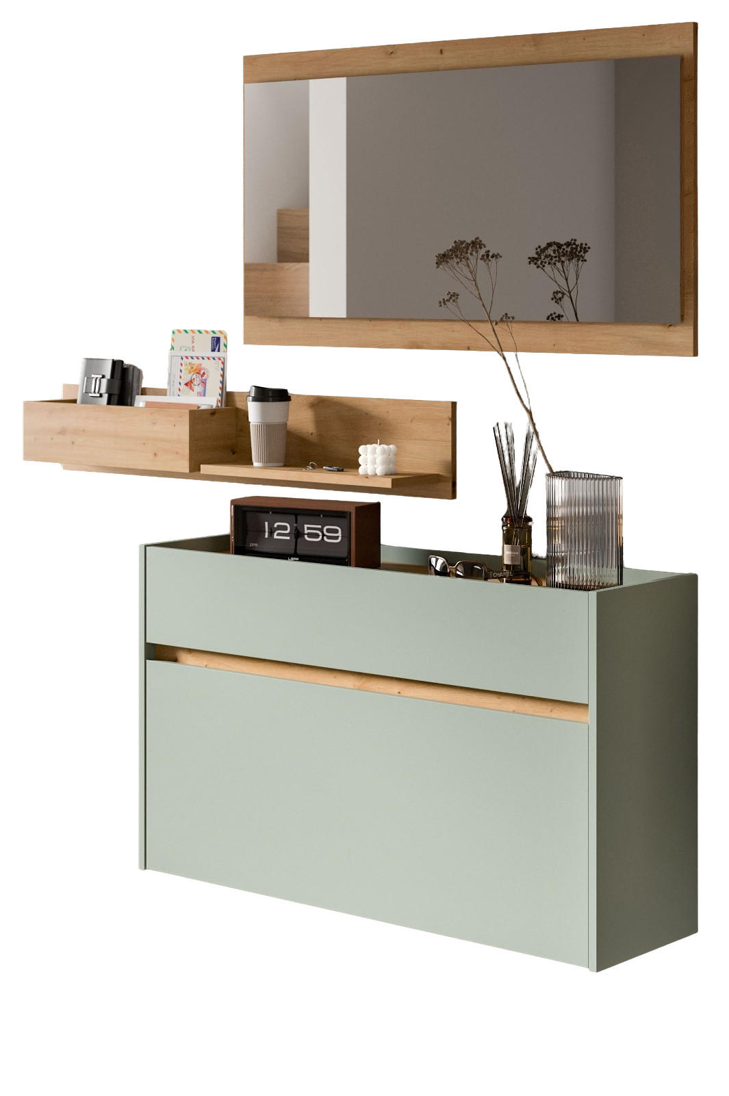 GARDEROBE-SET Salbei und Artisan Eiche, Garderobe 3-teilig, 140 x 197 cm, Borga - Salbeigrün/Eiche Artisan, Holzwerkstoff (140/197/32cm) - Inn.Furn