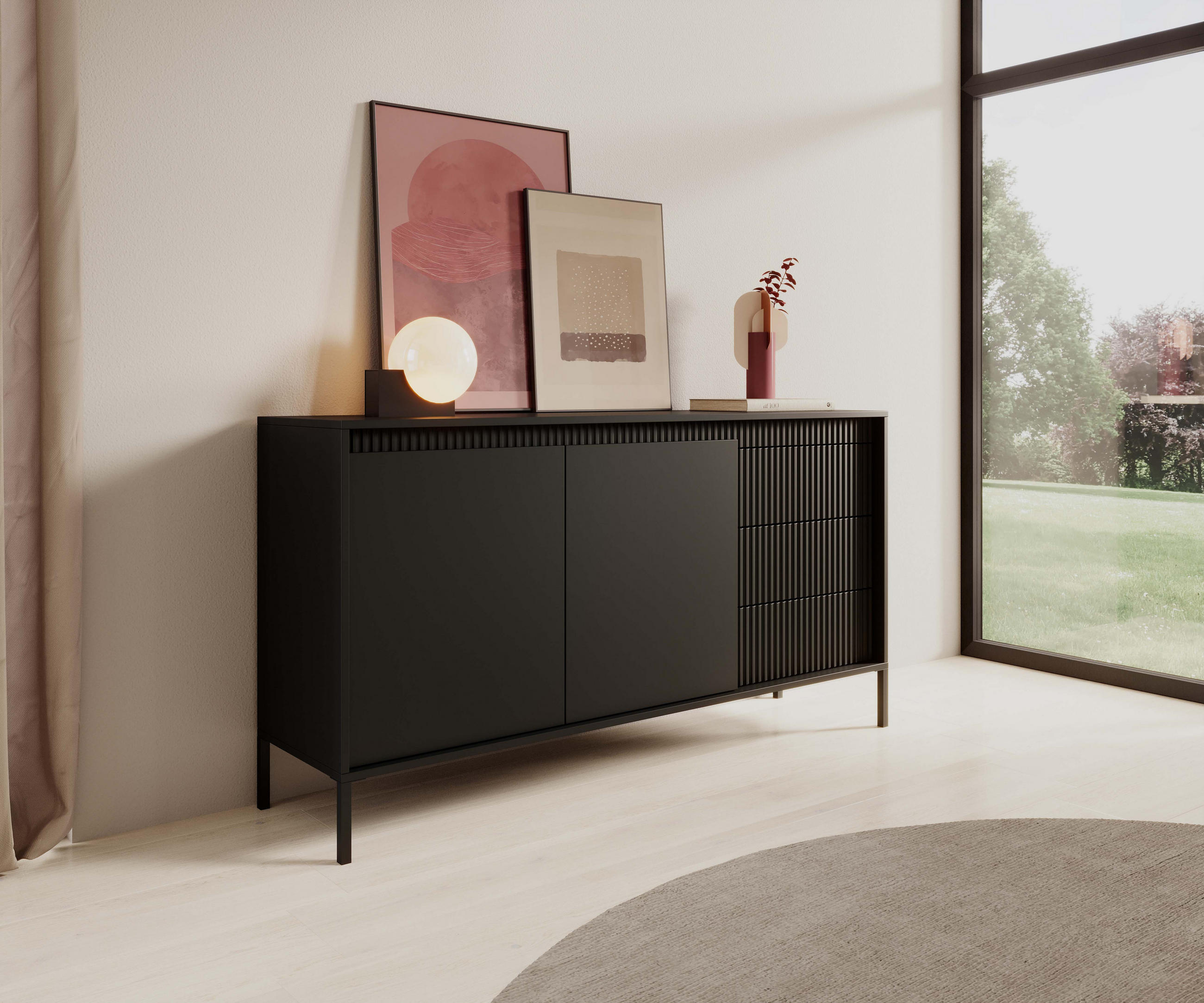 KOMMODE SENSO 2D3S Sideboard mit Geriffelten MDF-Fronten, Push-to-Open, Metallfüßen, 153,5x81,4x39,5 cm - Schwarz - Schwarz, Holz/Holzwerkstoff (154/82/40cm) - DomoHome