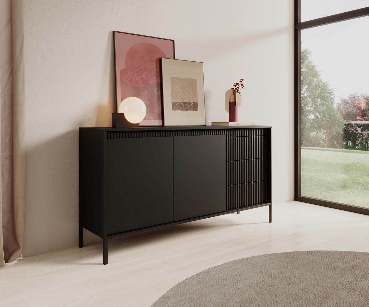 ​KOMMODE SENSO 2D3S Sideboard mit Geriffelten MDF-Fronten, Push-to-Open, Metallfüßen, 153,5x81,4x39,5 cm - Schwarz - Schwarz, Holz/Holzwerkstoff (154/82/40cm) - DomoHome