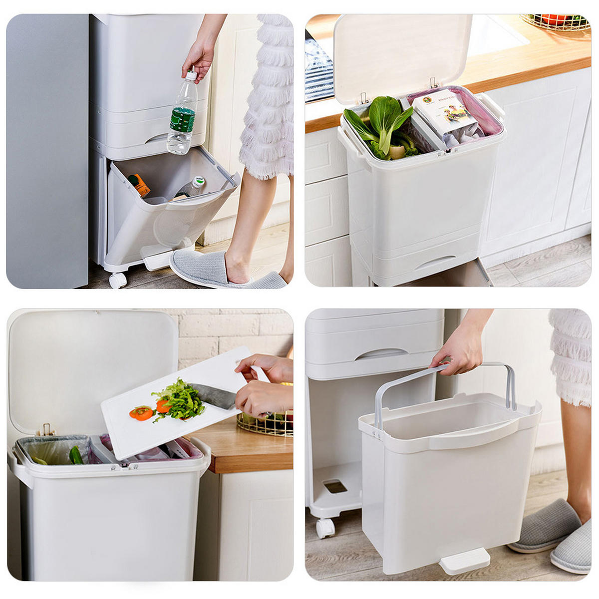 MÜLLEIMER 38L Mülltrennung 2-Stufig mit Rollen aus Kunststoff in Weiß Benutzerfreundliche Handhabung 42 cm (B) × 28,2 cm (T) × 73 cm - Weiß, Kunststoff (42/73/28.2cm) - Livingandhome