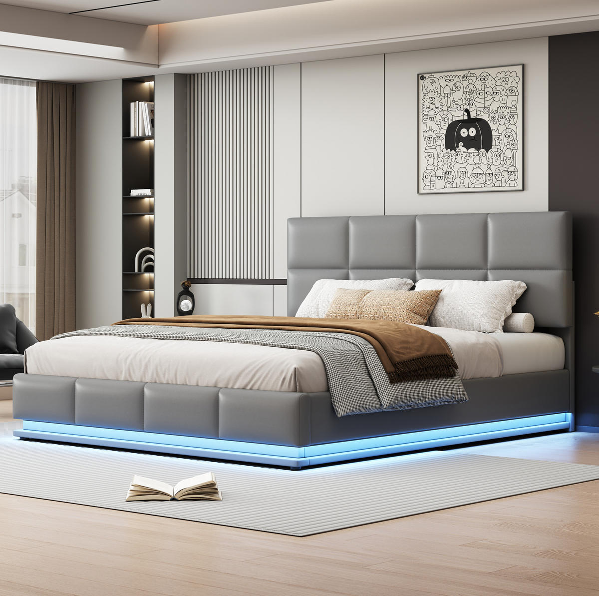 ČALÚNENÁ posteľ z PU kože 180x200 cm cementovo sivá s LED osvetlením a hydraulickým úložným priestorom - sivá, plast (180/200cm) - Modfu