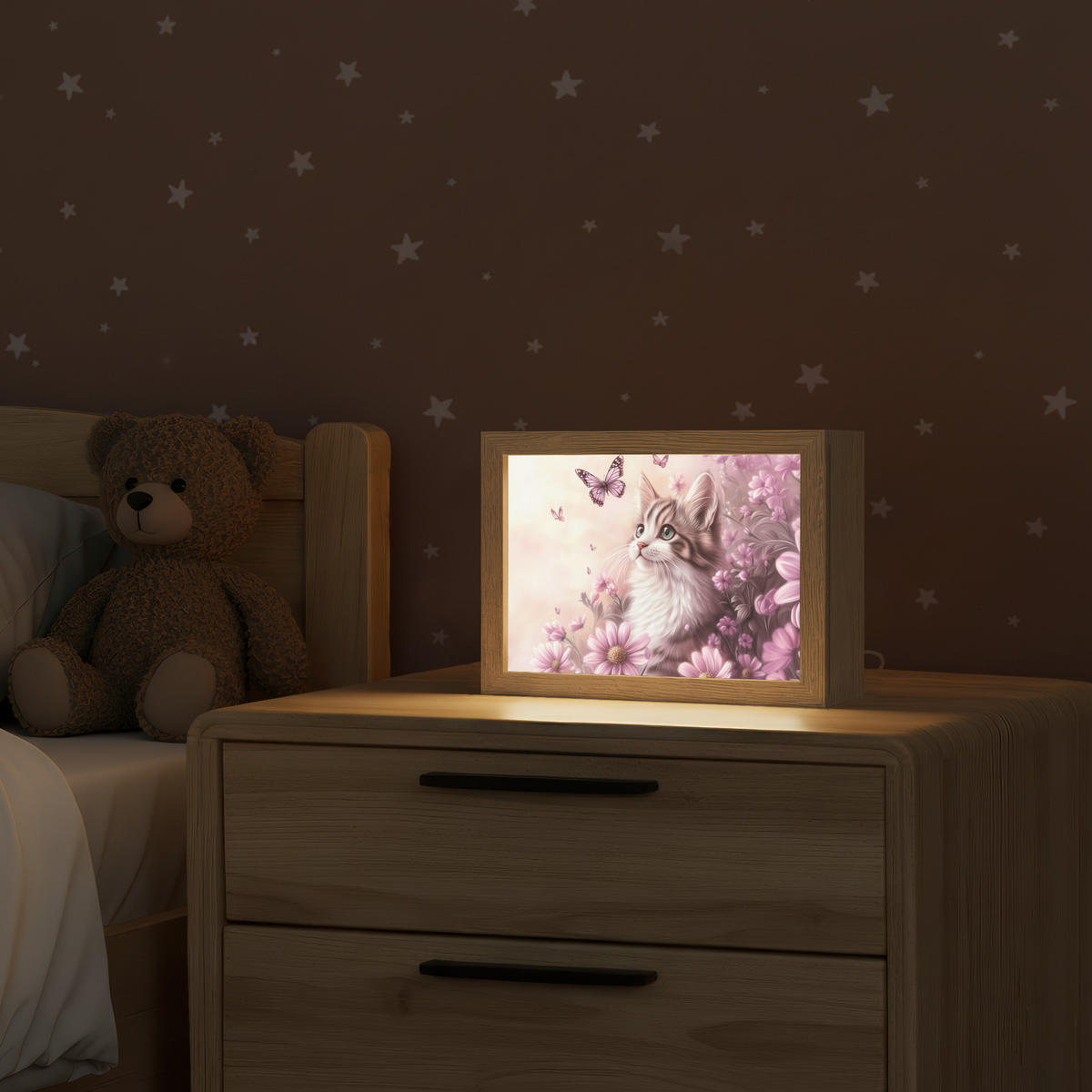 NACHTTISCHLAMPE Kätzchen - Blumen - Schmetterlinge - Lila 20x15 cm - Altrosa, Holzwerkstoff (8/20/15cm)