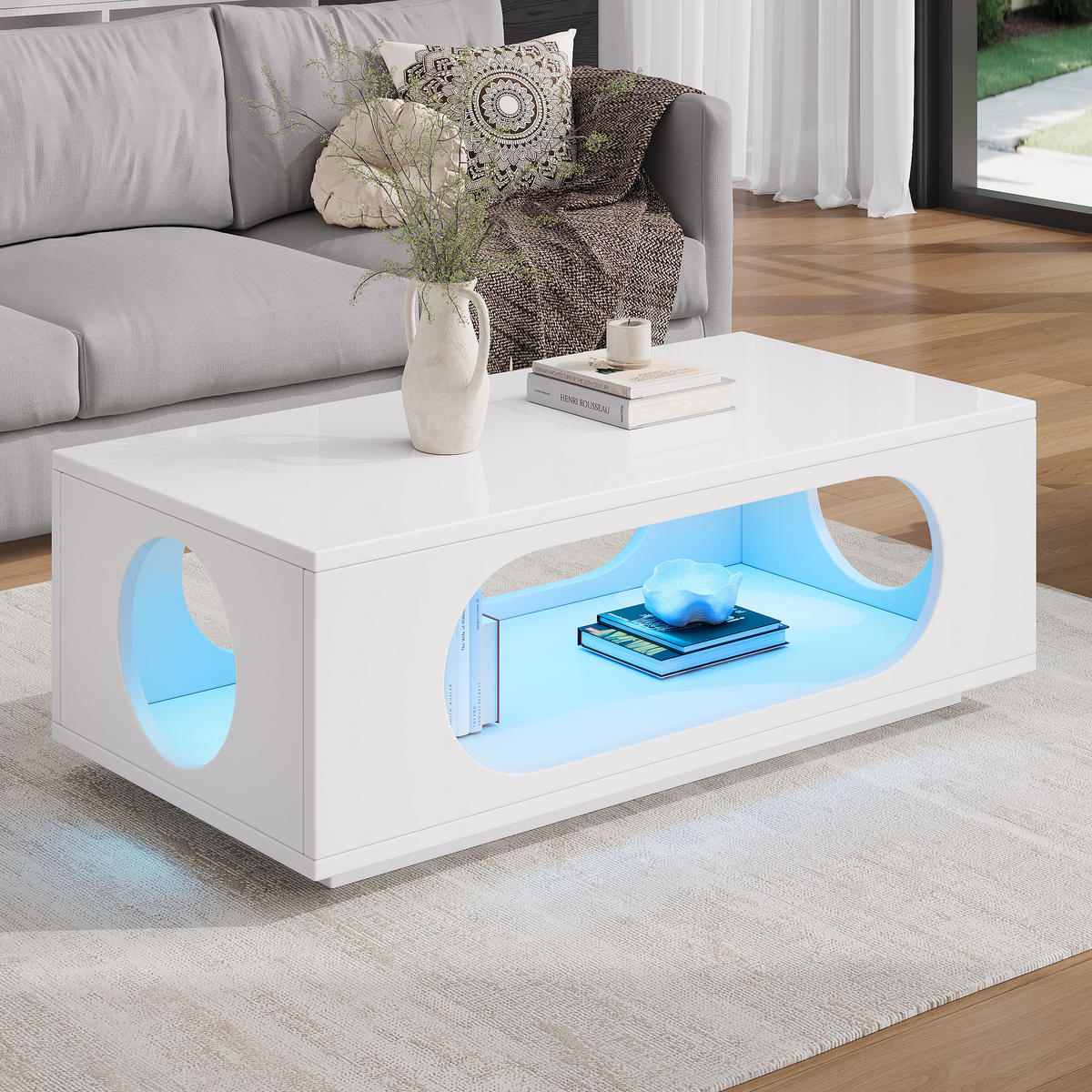 COUCHTISCH LED Weiß App-Steuerung 100x50x35cm MDF Stauraum - Weiß, Holzwerkstoff (100/50/35cm) - FLIEKS