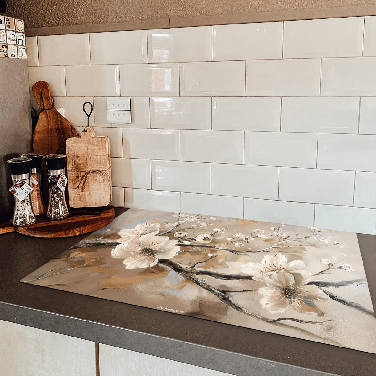 HERDABDECKPLATTE Blumen - Abstrakt - Gemalt - Beige 77x51 cm - Beige, Kunststoff (77/51/0.2cm) - MuchoWow