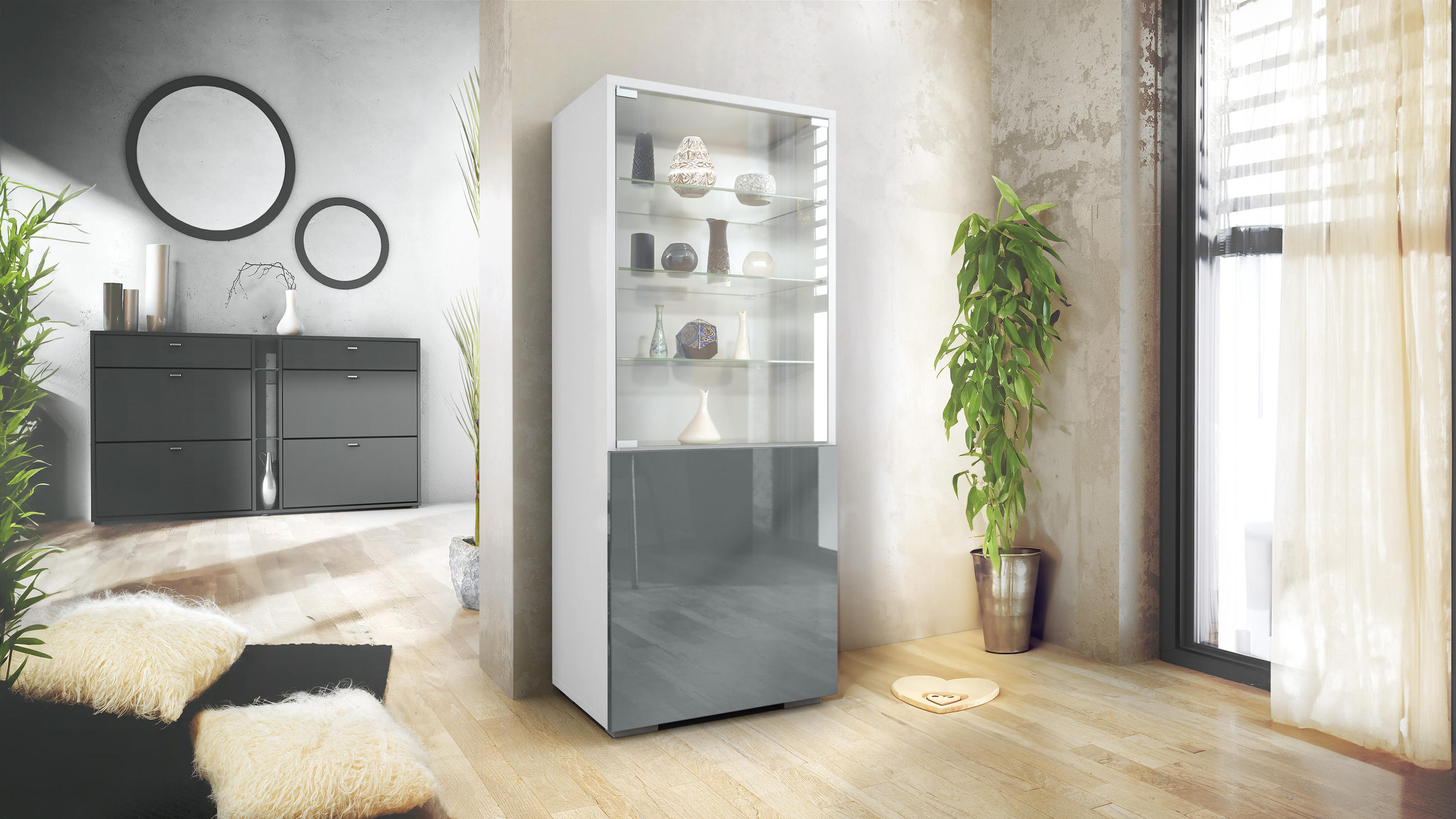 VITRINE Granada Grau Hochglanz - Grau, Holzwerkstoff (50/122.5/34.5cm) - Vladon