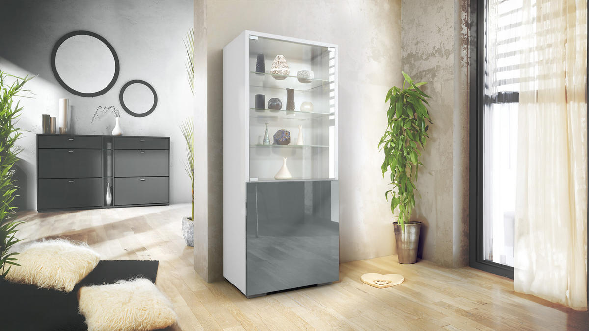 VITRINE Granada Grau Hochglanz - Grau, Holzwerkstoff (50/122.5/34.5cm) - Vladon