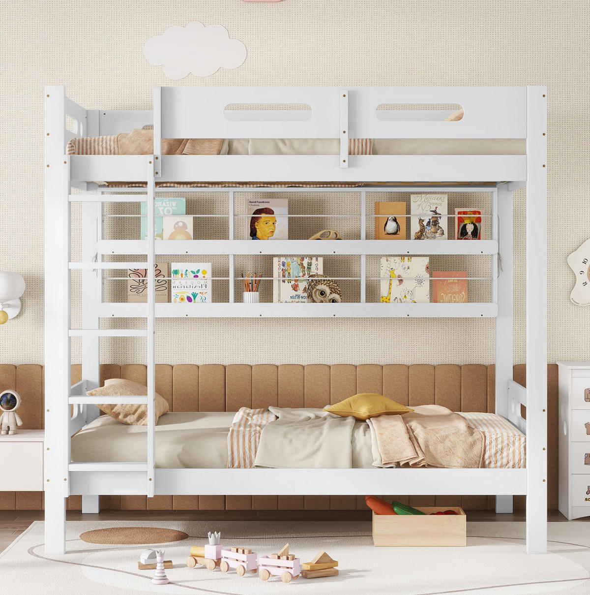 ETAGENBETT 90/200 cm in Weiß/Natur mit Regal und 5-stufiger Leiter - Weiß, Holz (90/200cm) - OKMYHOME