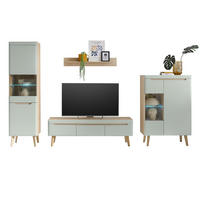 WOHNWAND 4-teilig pistazie grün, Eiche, skandinavisch 343 cm, Schrankwand mit Soft-Close - Eichefarben/Pastellgrün, Glas/Eichenholz (343/197/40cm) - Furn.Design