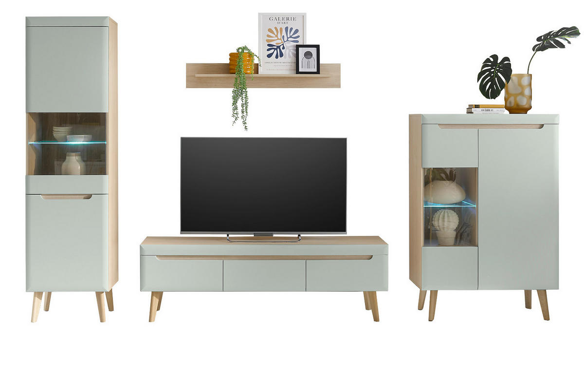 WOHNWAND 4-teilig pistazie grün, Eiche, skandinavisch 343 cm, Schrankwand mit Soft-Close - Eichefarben/Pastellgrün, Glas/Eichenholz (343/197/40cm) - Furn.Design