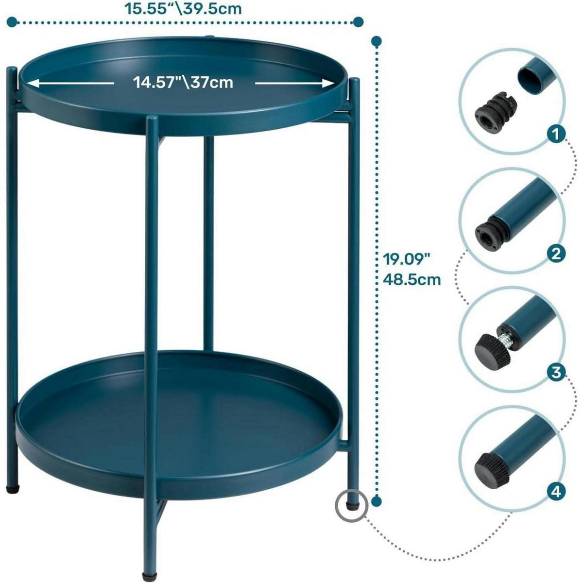 BEISTELLTISCH Metall Rund 2 Ebenen Pfauengrün 37 x 48.5 cm - Dunkelblau, Metall (37/37/50cm)