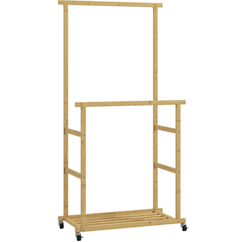 ŠATNÍ stojan na kolečkách 80/40/160 cm přírodní z bambusu s policí na boty - přírodní, přírodní materiály (80/160/40cm) - OKWISH