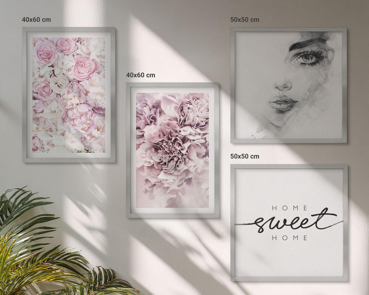 WANDBILDER 4er Set - 50x50 cm & 40x60 cm Silberner Rahmen - Pfingstrosenporträt einer Frau für Zuhause - Silberfarben, Kunststoff (50/50cm) - ArtPrintCave