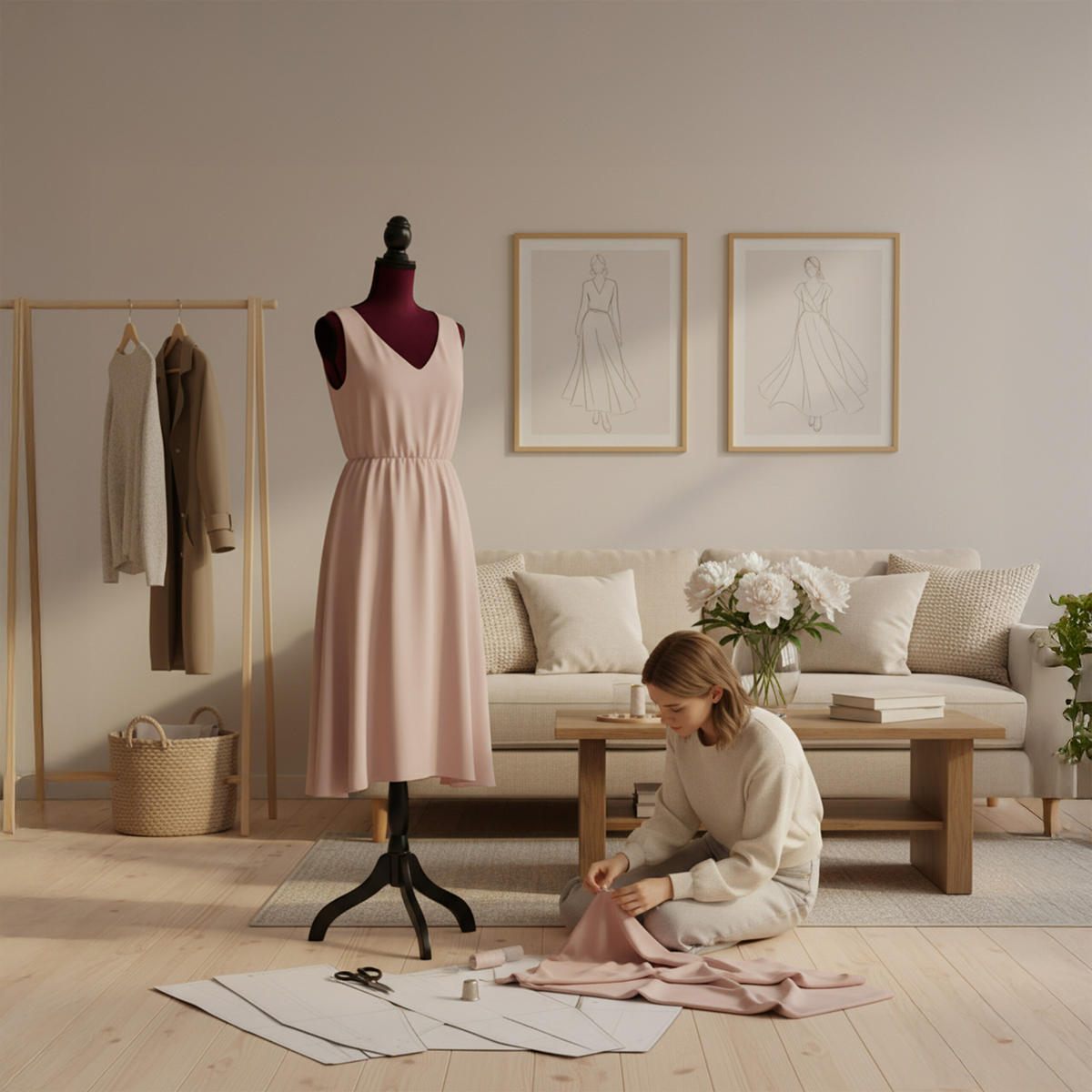 MANEKÝNKA - tmavočervená, drevo/textil (41/167/34cm) - Relaxdays