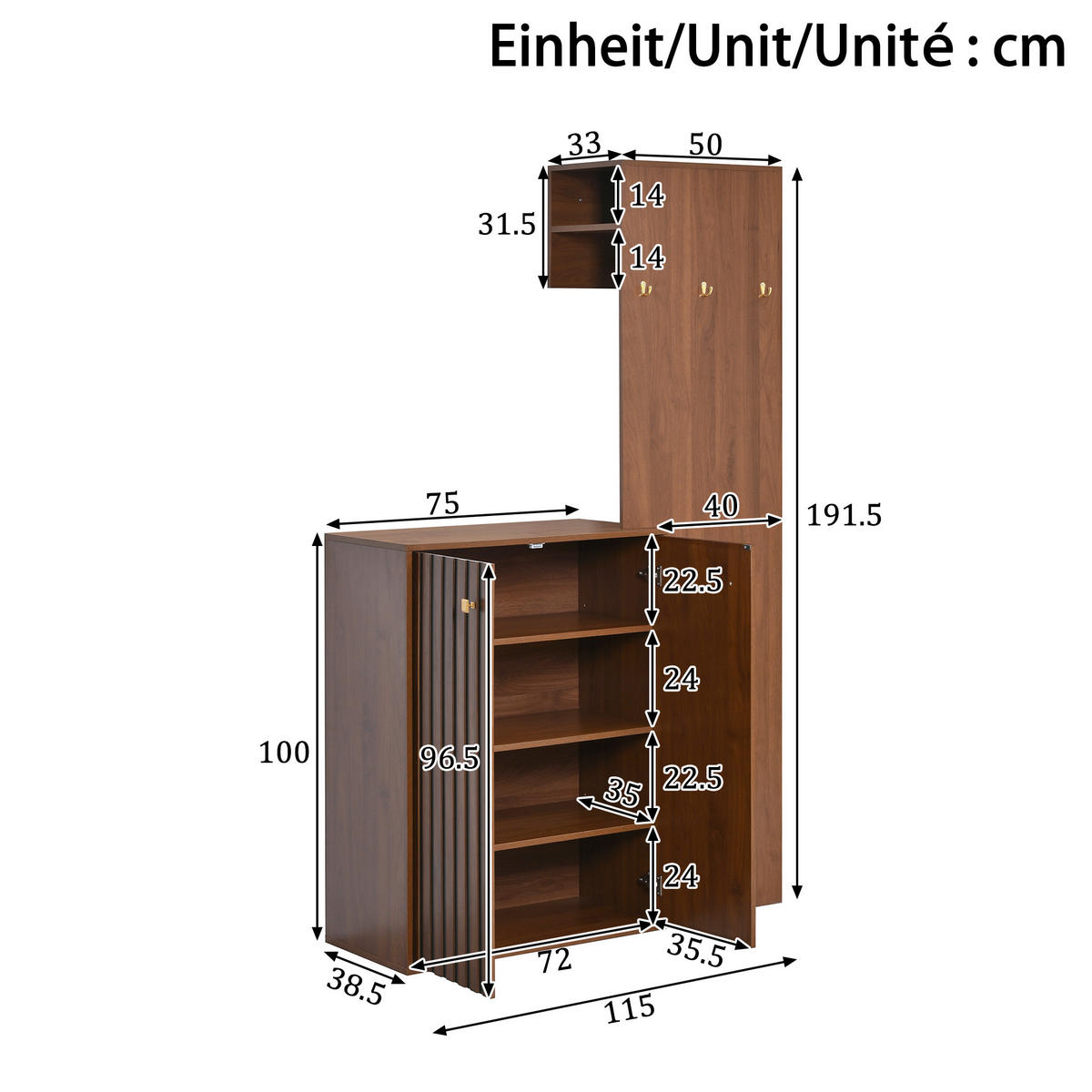 SCHUHSCHRANK aus MDF 115x38,5x191,5cm in Nussbaum mit Garderobe - Nussbaumfarben, Holzwerkstoff (115/191.5/38.5cm) - Modfu