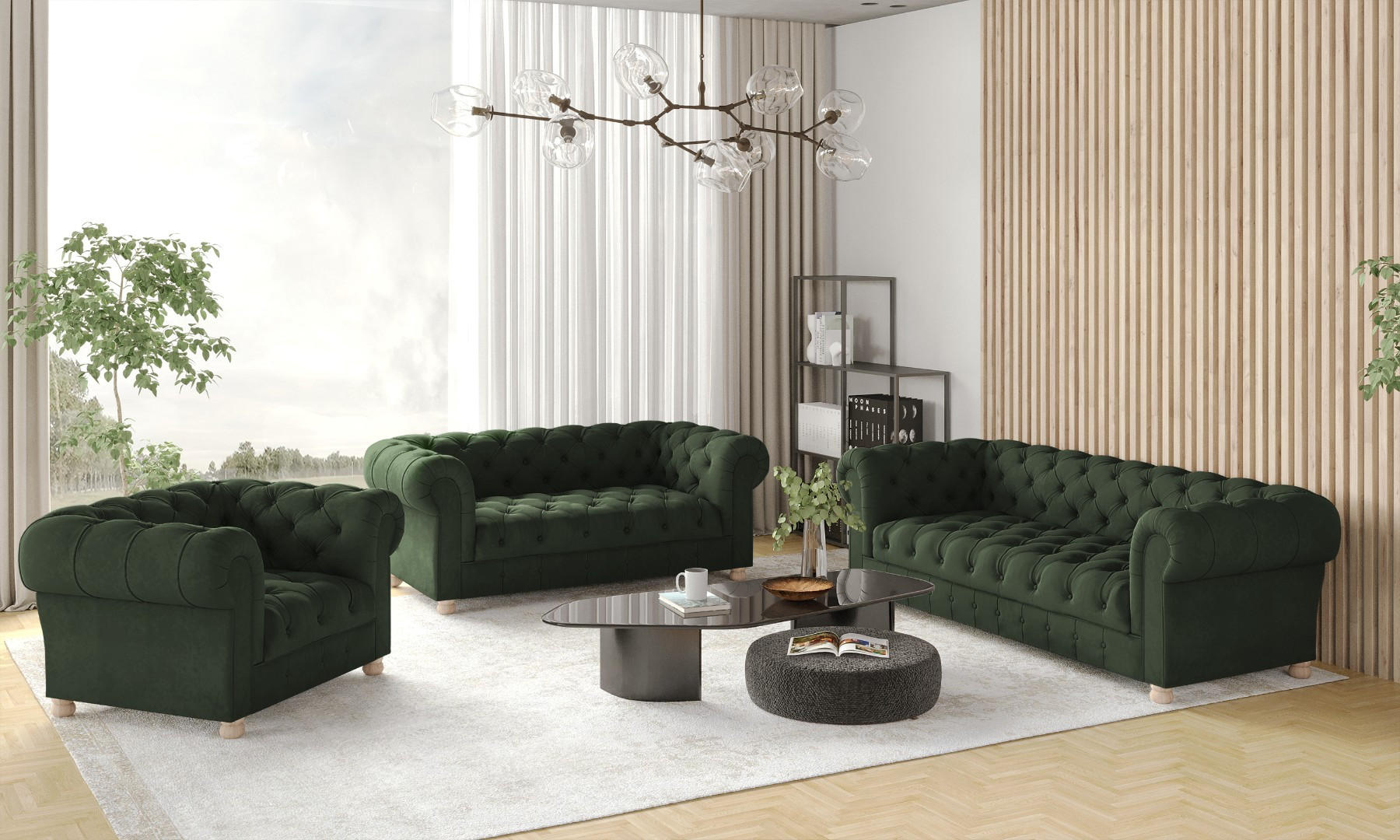 SITZGARNITUR 3+2+1 CHESTERFIELD Elegant Klassisch Schick Stoff Whisper Velours Stoff Grün - Grün, Holz/Textil (202/77/90cm) - Kaiser Möbel