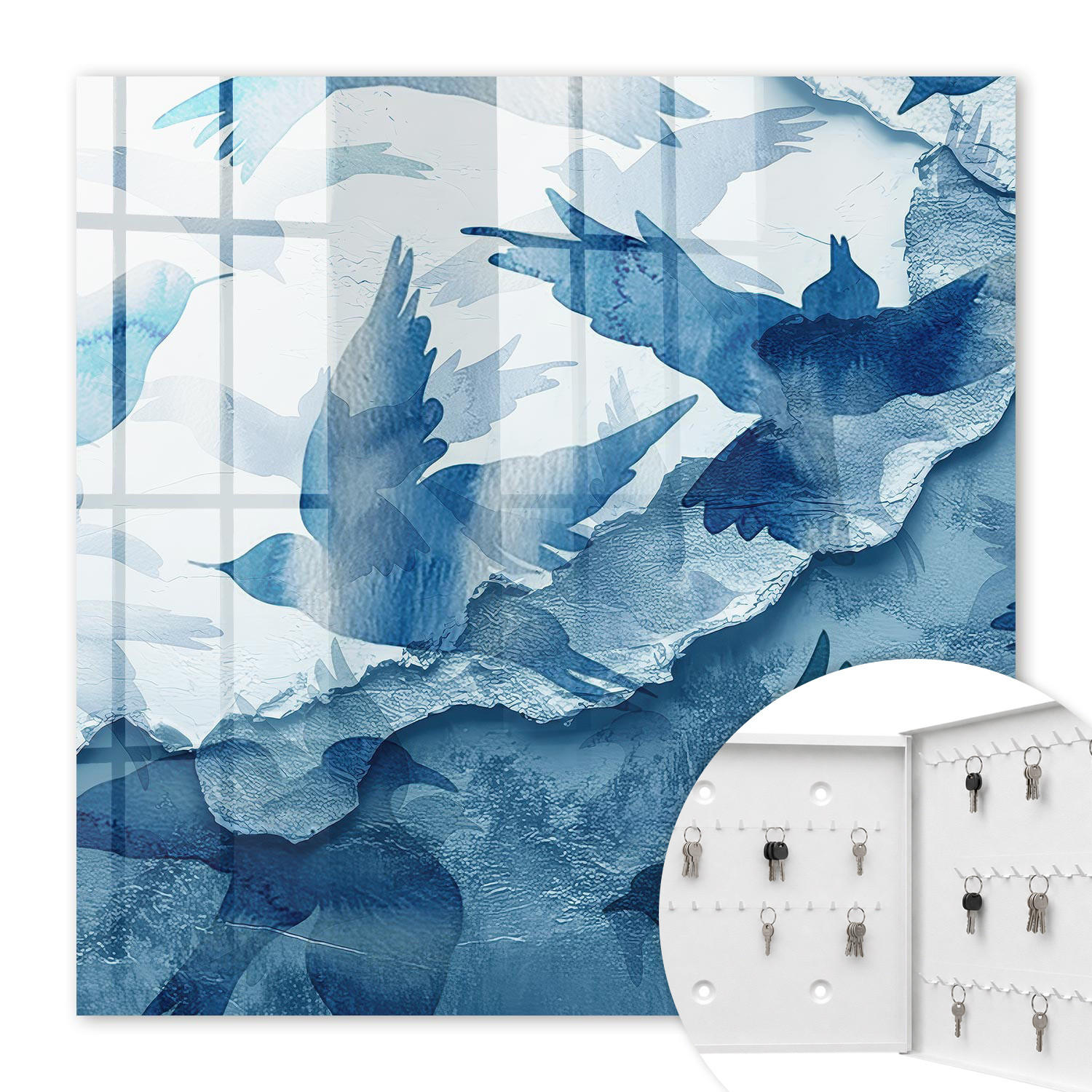 SCHLÜSSELBOX Weiß 30x30 cm – Türöffnung nach rechts - Aquarellvögel - Blau, Metall (30/30/5cm) - TULUP