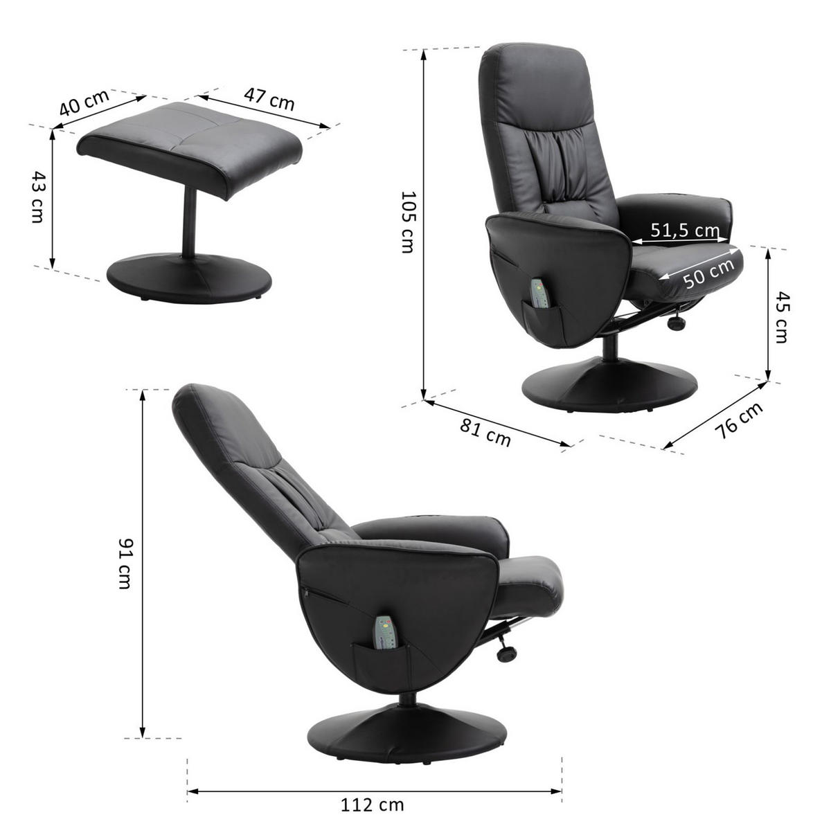 RELAXSESSEL 76/81/105 cm manuell verstellbar mit 360°-Drehfunktion - Schwarz, Kunststoff (81/105/76cm) - BEAOK