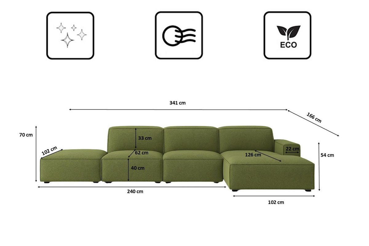 ECKSOFA Cursal L-Form, Stoff Artico, Moss + Hocker, Rechts - Grün, Holz (341/166cm) - Kaiser Möbel