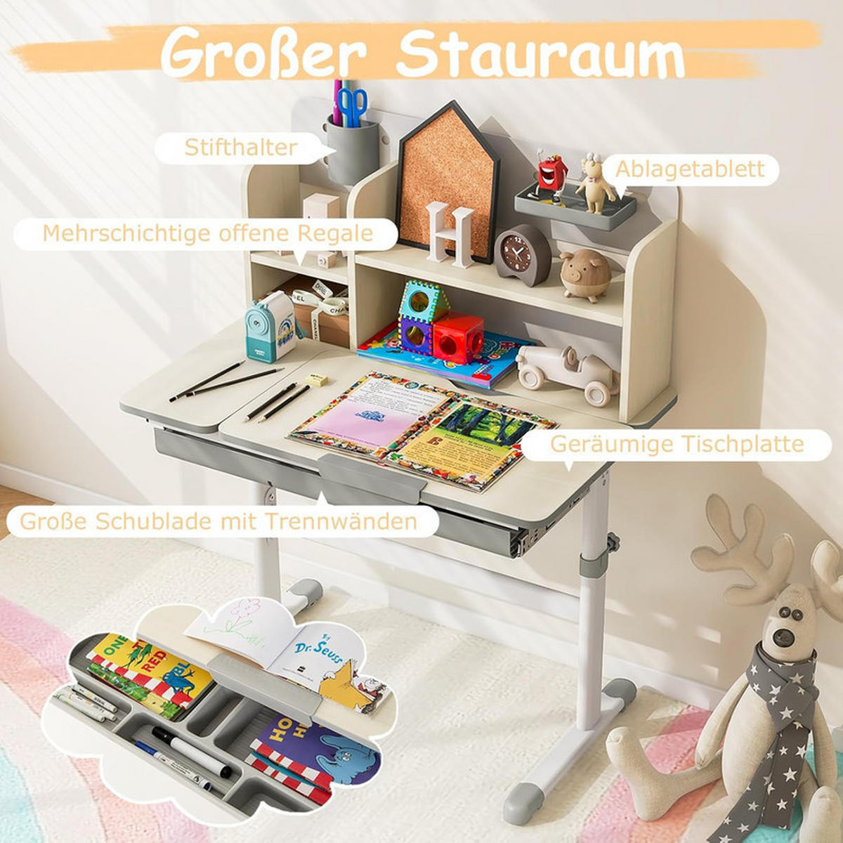 KINDERSCHREIBTISCH Höhenverstellbarer grau - Grau, Metall (80/88/51cm) - COSTWAY