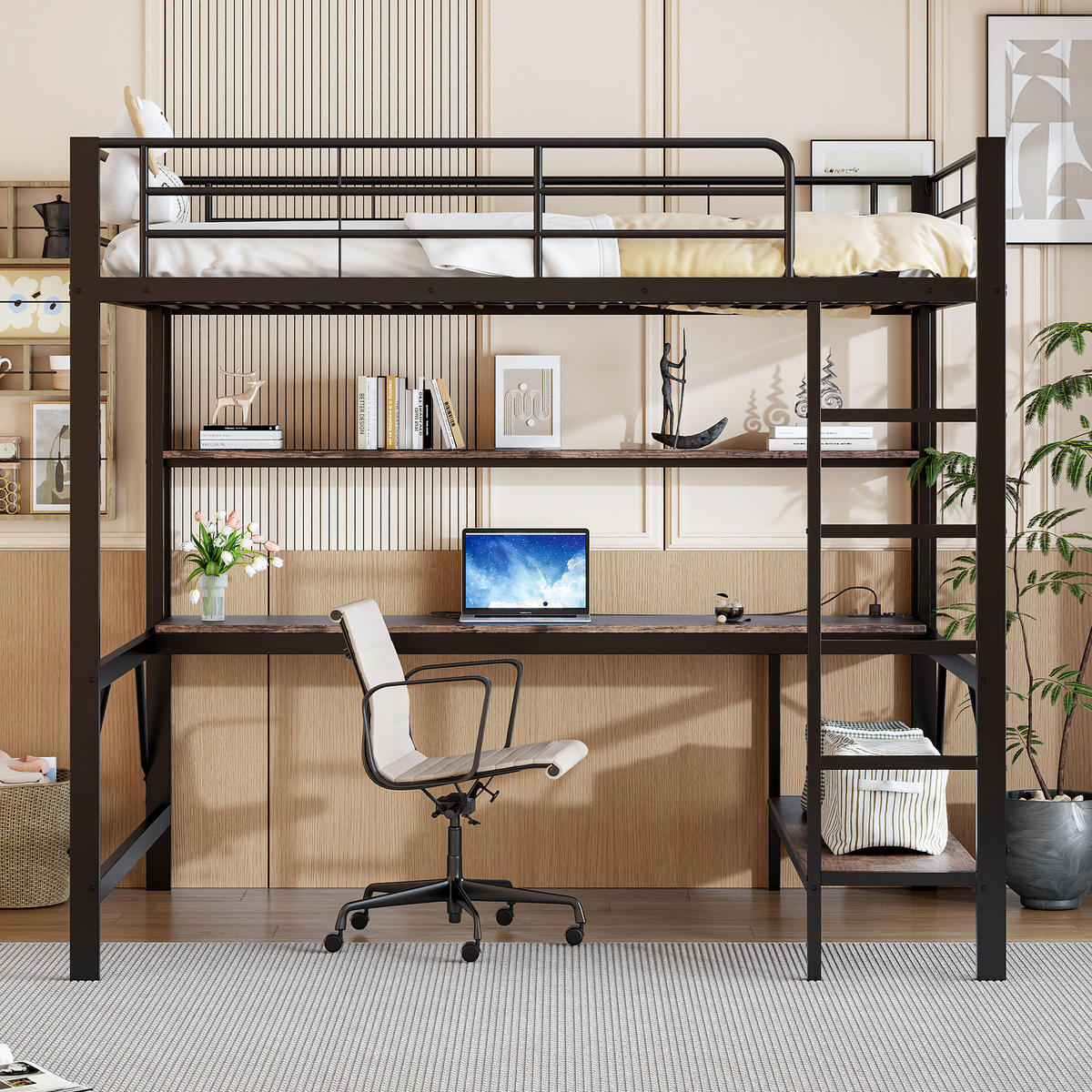 HOCHBETT 140x200cm Schwarz Metall LED-Licht Schreibtisch USB - Schwarz, Metall (140/200cm) - FLIEKS