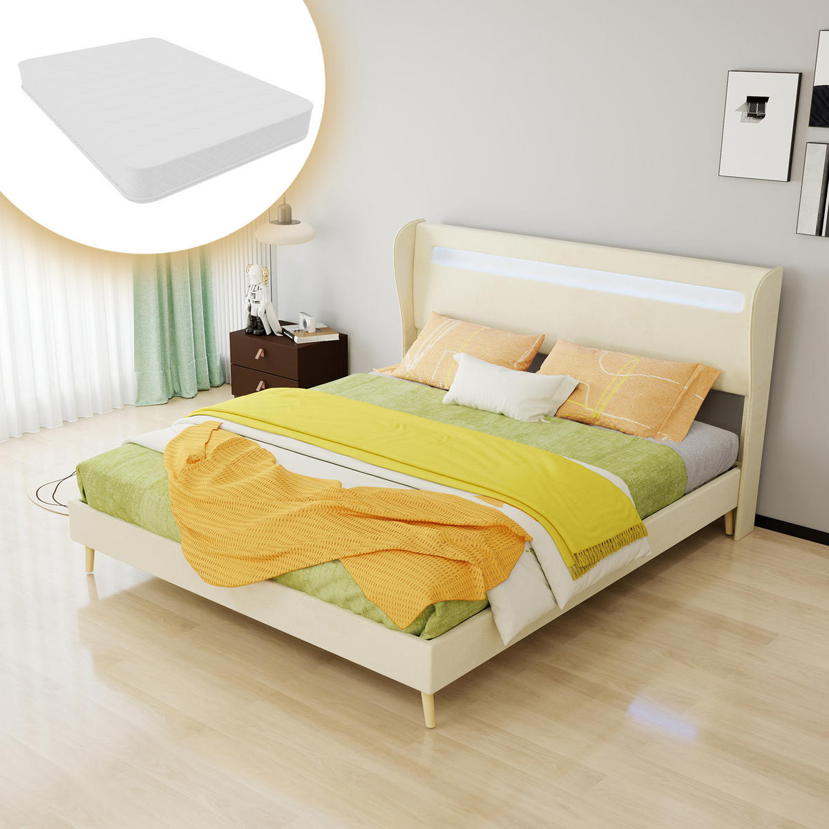 POLSTERBETT 160/200 cm DE-32987 mit LED-Kopfteil und Matratze Beige - Beige, Metall (160/200cm) - ComfortXL