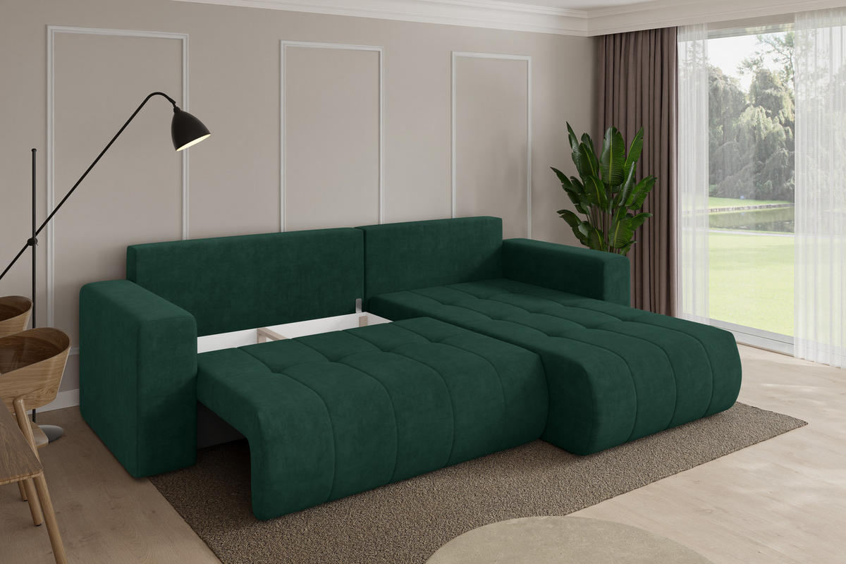 ROHOVÁ SEDAČKA s funkcí spaní, otoman vpravo MILA-L 277x194x86 zelená velur - černá/zelená barva, kompozitní dřevo/textil (277/194cm) - ALTDECOR