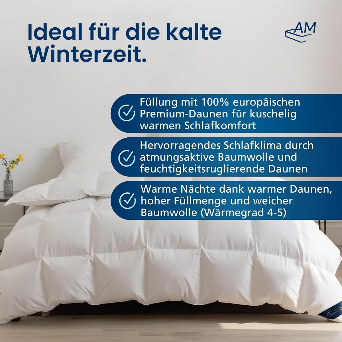 AM Qualitätsmatratzen Premium Winter Daunen Bettdecke Made in Germany aus 100% Daunen 155x220cm - Weiß, Textil (180/190cm) - AM Qualitätsmatratzen