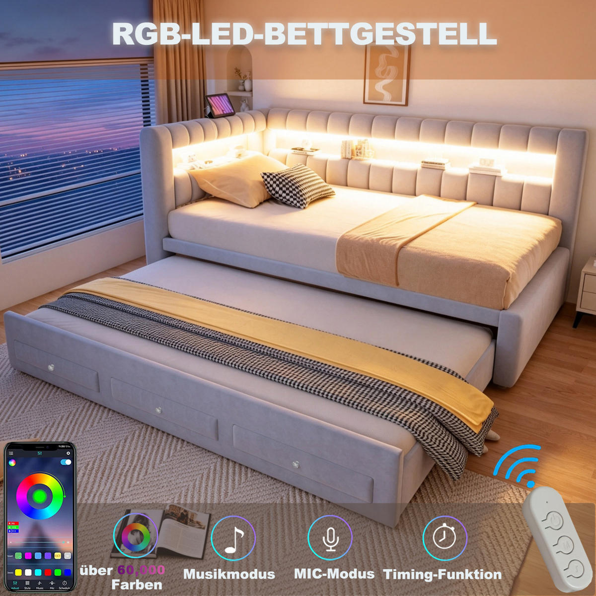 POLSTERBETT Schlafsofa aus Samt 90x190 cm Hellgrau mit Ausziehbett, LED-Beleuchtung, USB-C und Stauraum - Hellgrau, Textil (90/190cm) - Modfu